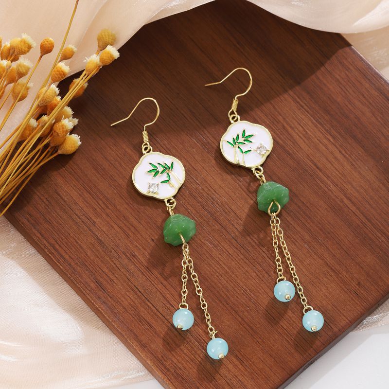 Fashion Gold Metal Bamboo Leaf Long Tassel Earrings