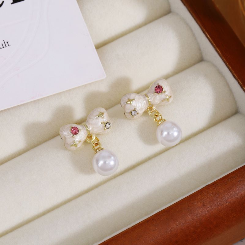 Fashion Gold Alloy Oil Drop Bow Pearl Earrings
