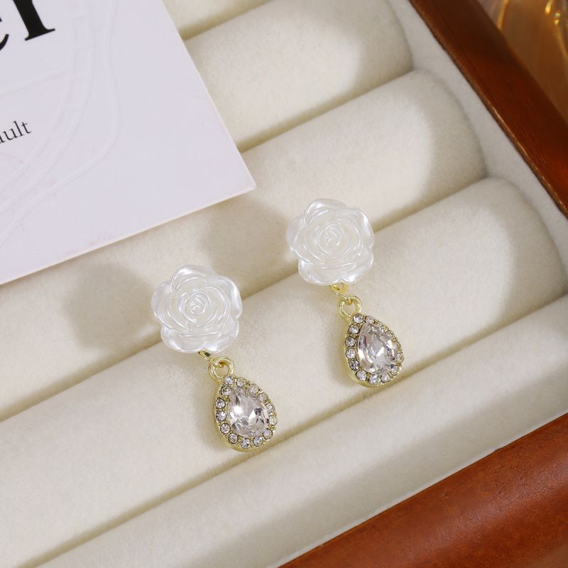 Fashion Gold Alloy Flower Diamond Teardrop Earrings
