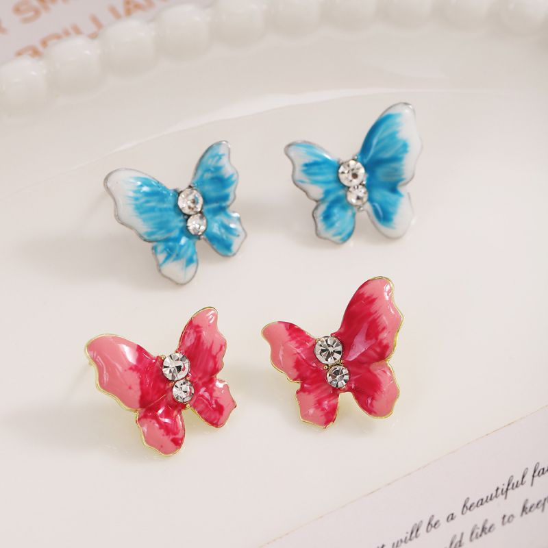 Fashion Blue Gradient Oil Drop Diamond Butterfly Earrings