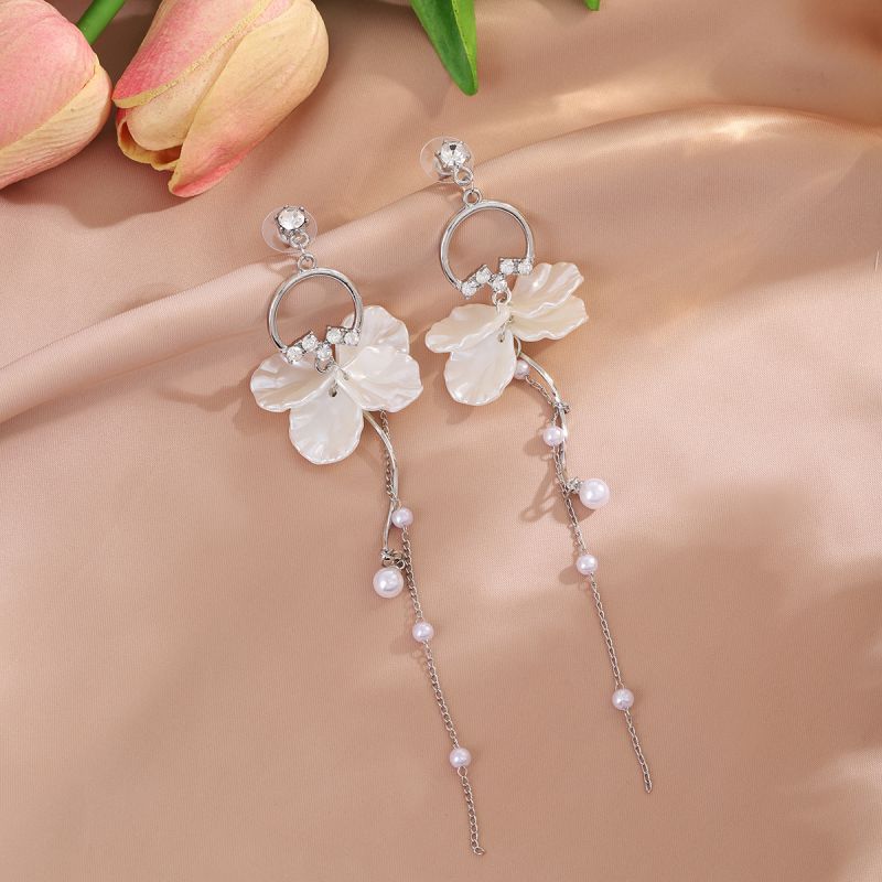 Fashion Silver Shell Petal Diamond Tassel Earrings