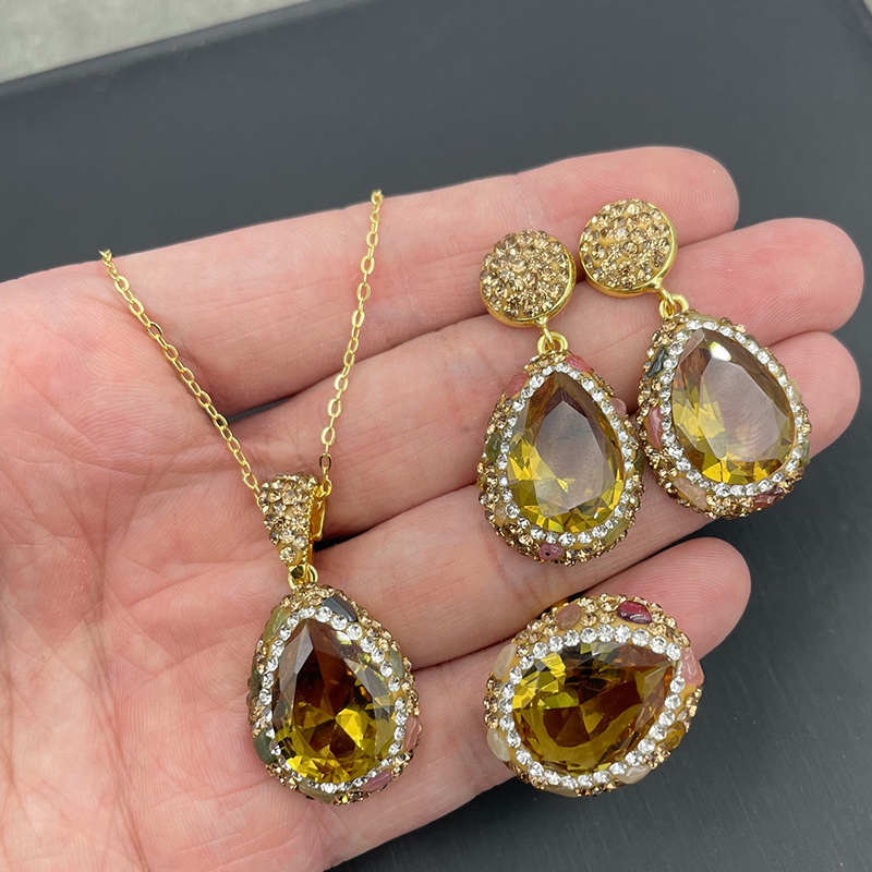 Fashion Gold Teardrop Crystal Necklace Earrings Ring Set