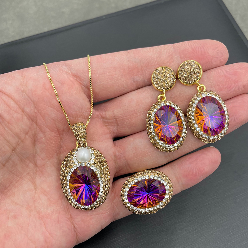 Fashion A Metal Geometric Diamond Oval Necklace Earrings Ring Set