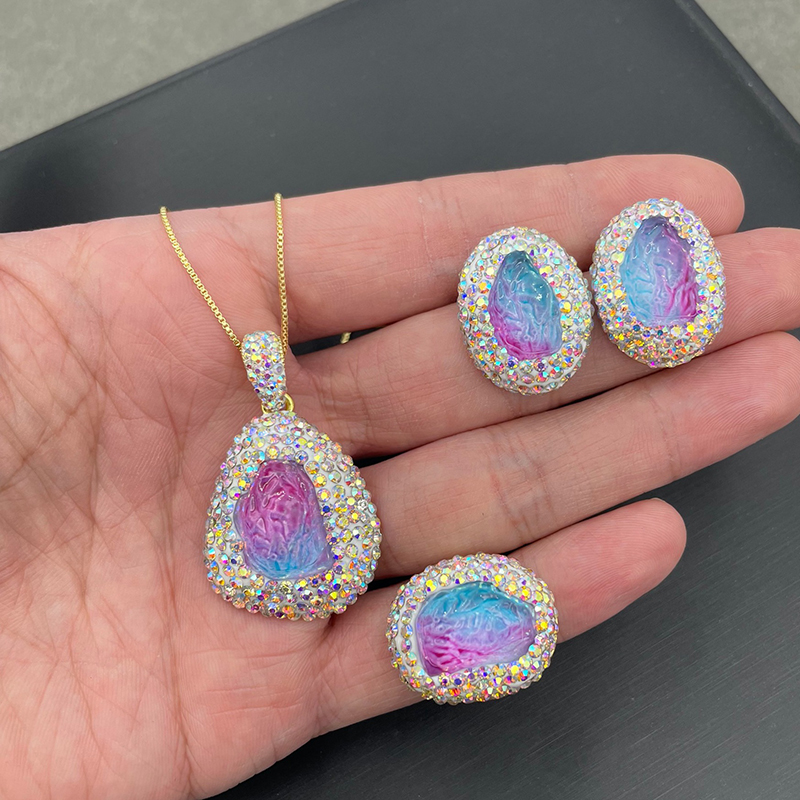 Fashion Red And Blue Metal Diamond Geometric Necklace Earrings And Ring Set