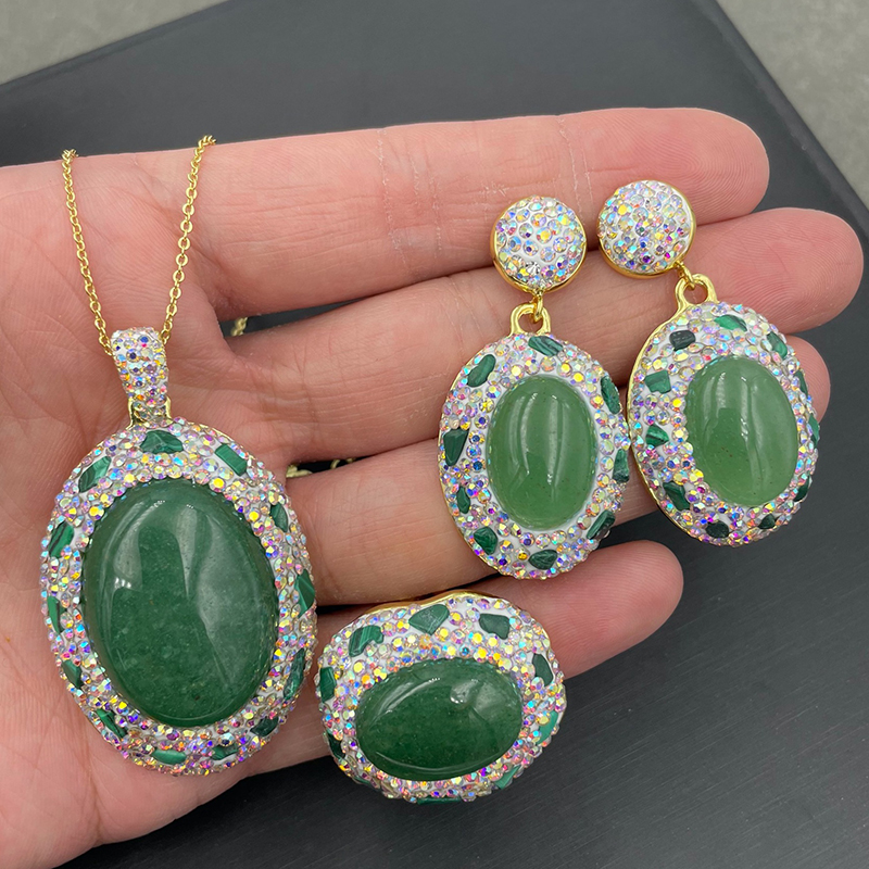 Fashion Color White Oval Chalcedony Necklace Earrings Ring Set
