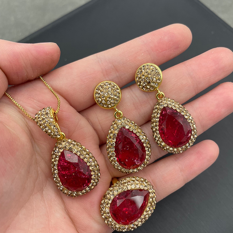Conjunto De Anillo Pendientes Y Collar Con Flor De Hielo Y Cristal En Forma De Lágrima