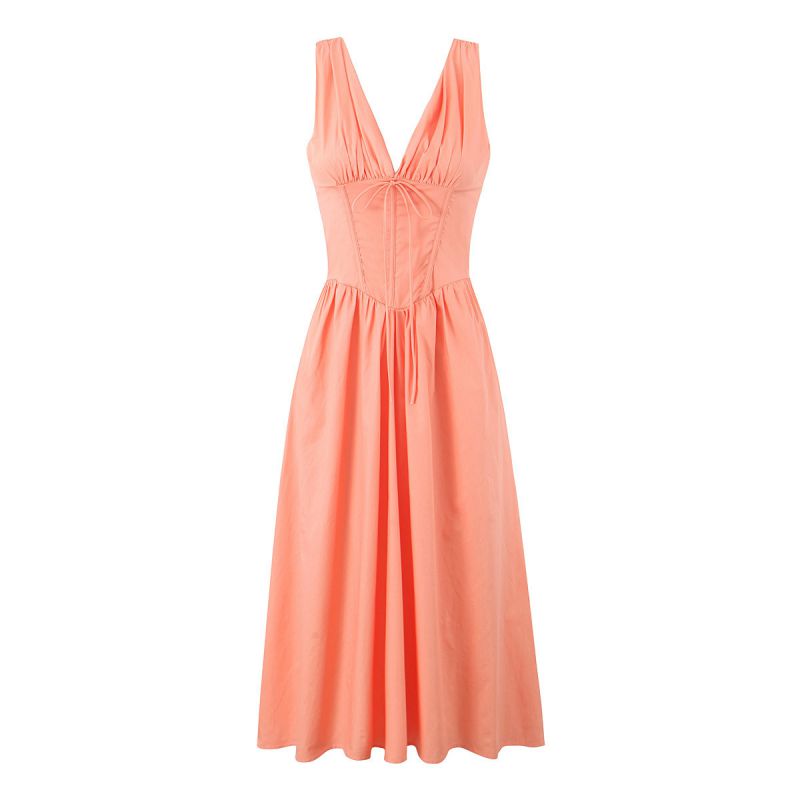 Vestido Largo Con Escote En V Profundo Y Cintura Anudada