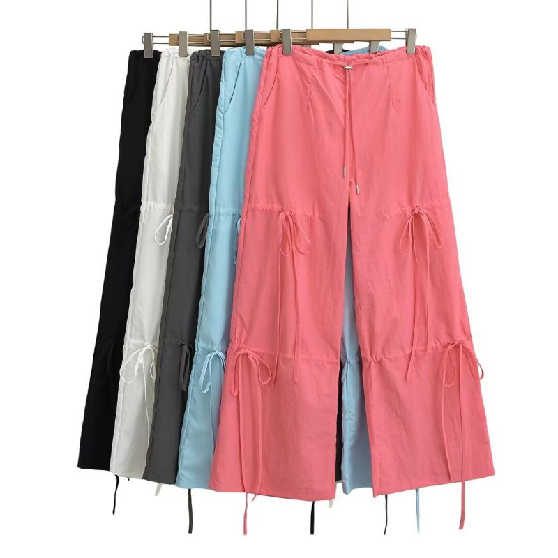 Pantalón De Poliéster Fruncido Con Cordones