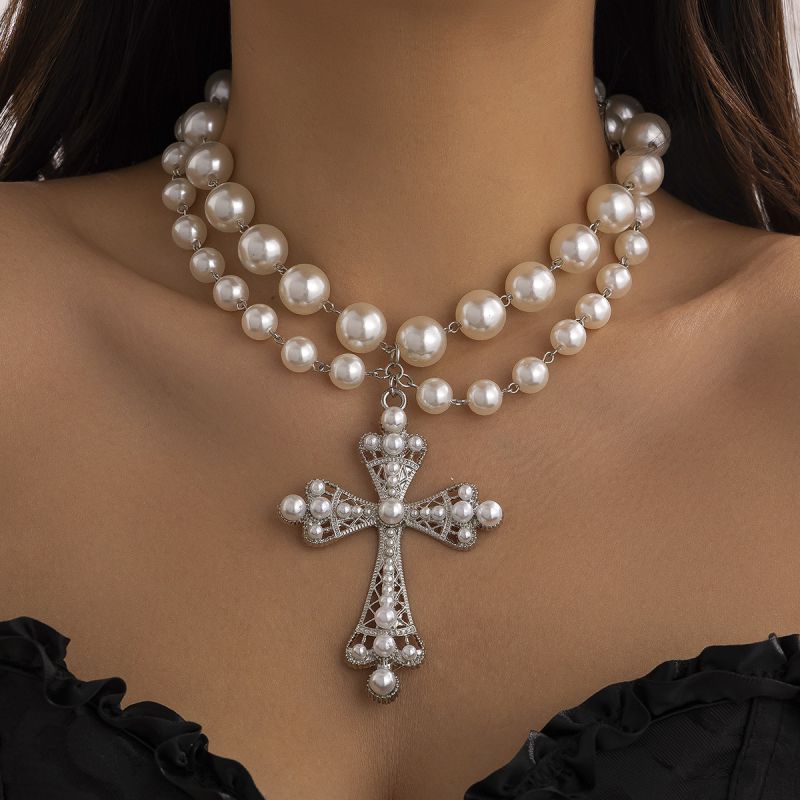 Fashion 6# Pearl Beaded Diamond Cross Necklace