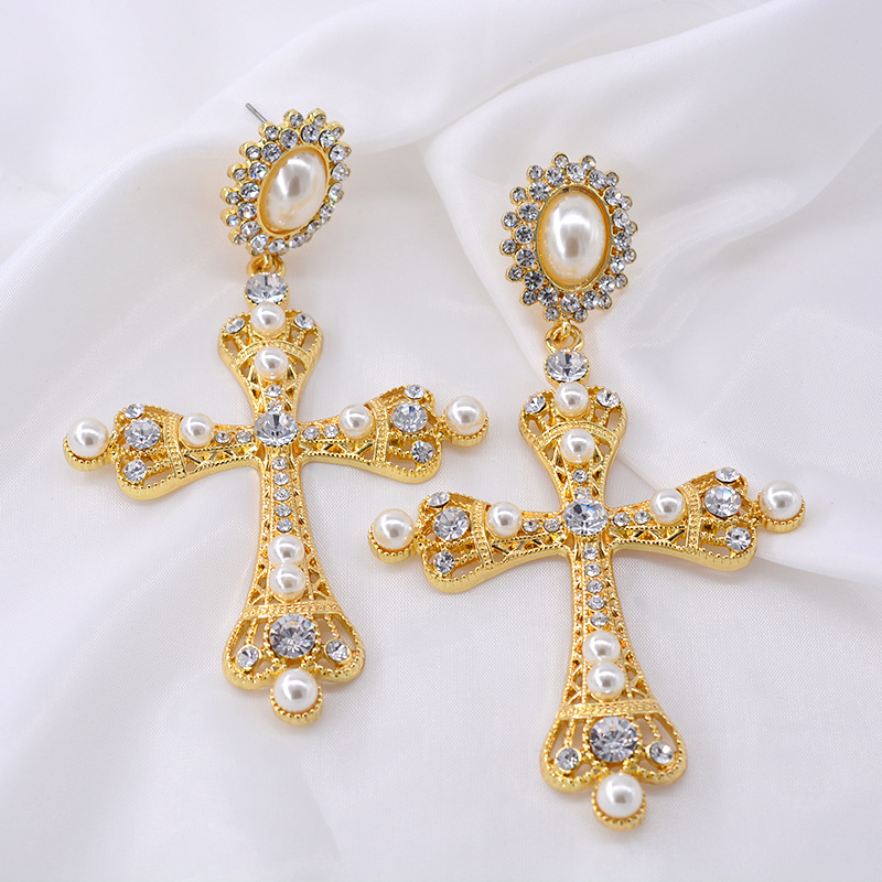 Fashion Gold Alloy Diamond Cross Earrings