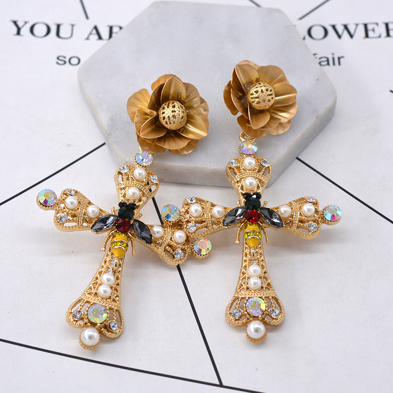 Fashion A Alloy Diamond Cross Flower Earrings