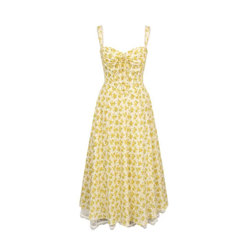 Fashion Yellow Polyester Printed Suspender Dress