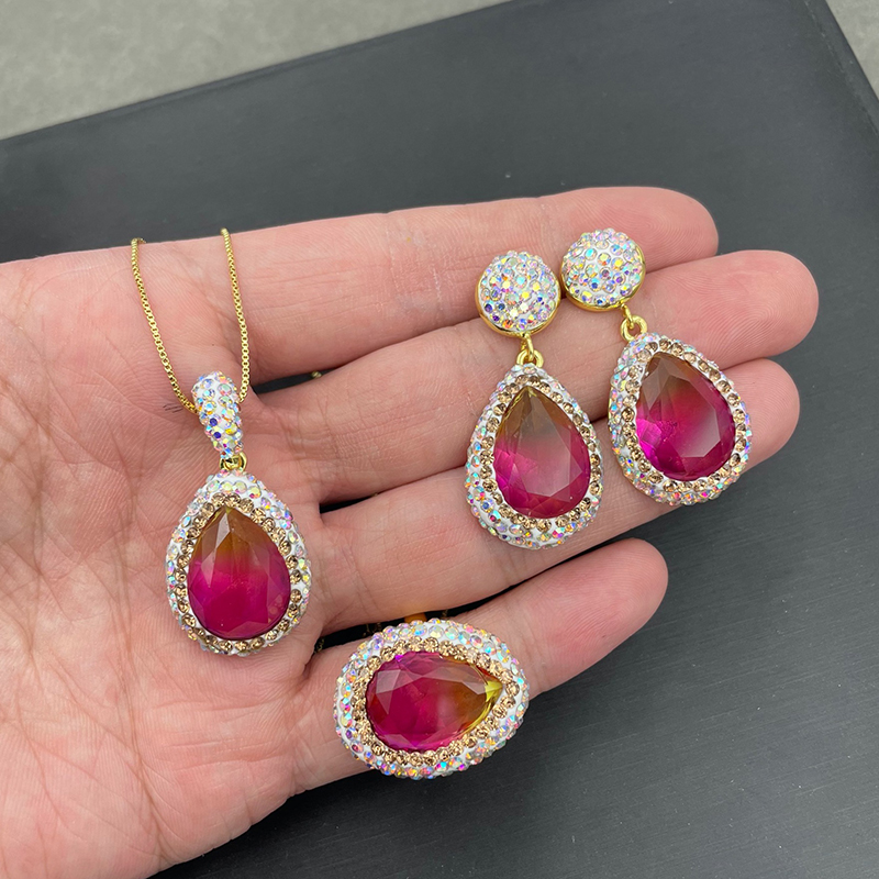 Conjunto De Anillo Pendientes Y Collar Con Forma De Lágrima De Cristal Degradado