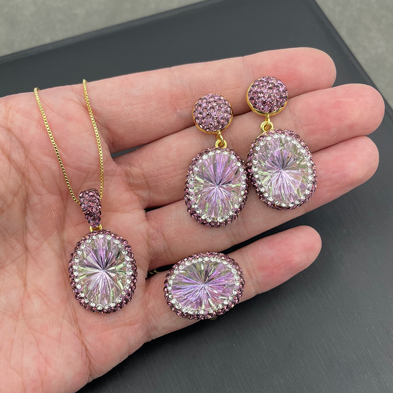 Conjunto De Anillo Pendientes Y Collar De Cristal Ovalado