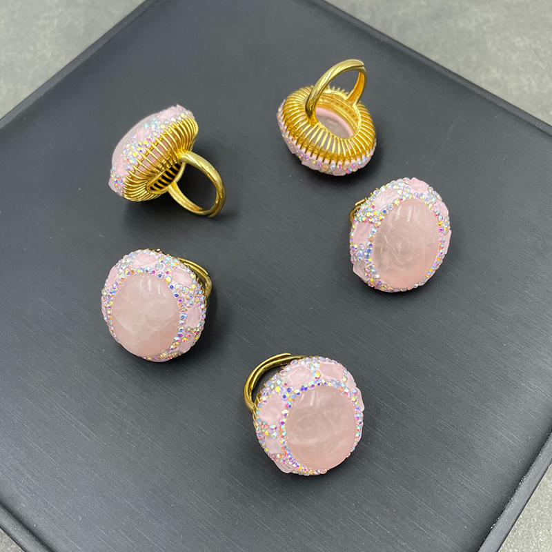 Fashion Pink Geometric Shaped Rose Quartz Open Ring