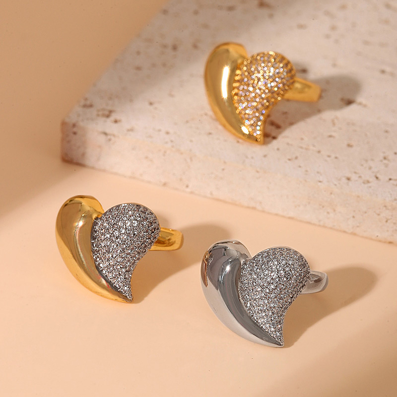 Fashion Gold And Silver Copper Inlaid Zircon Heart Open Ring