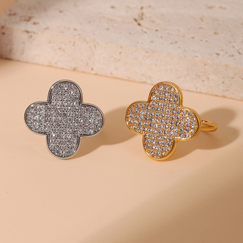 Fashion Gold Copper And Zircon Flower Open Ring