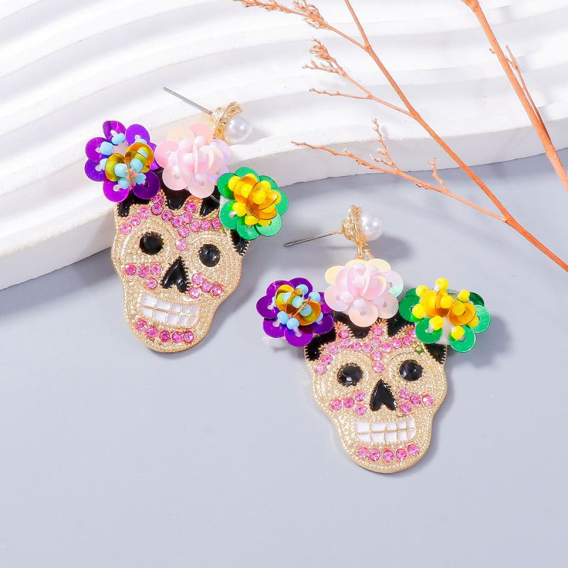 Fashion Pink Halloween Pearl Diamond Sequin Skull Earrings