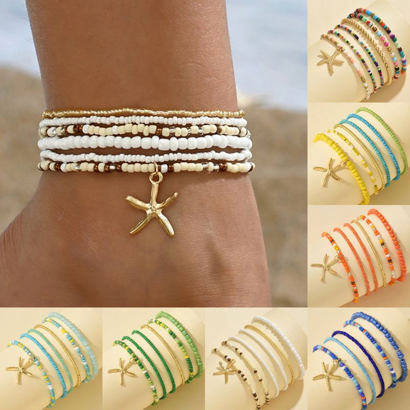Fashion Color Colorful Rice Beaded Starfish Multi-layer Anklet