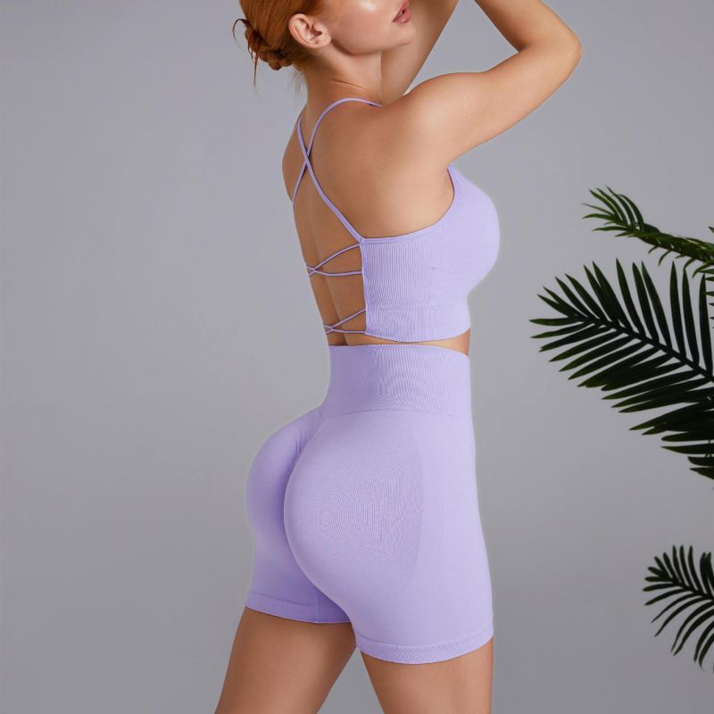 Fashion Light Purple Seamless Crossover Bra Shorts Yoga Set