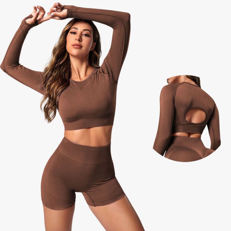Conjunto De Yoga Con Pantalones Cortos De Cintura Alta Y Manga Larga De Nailon