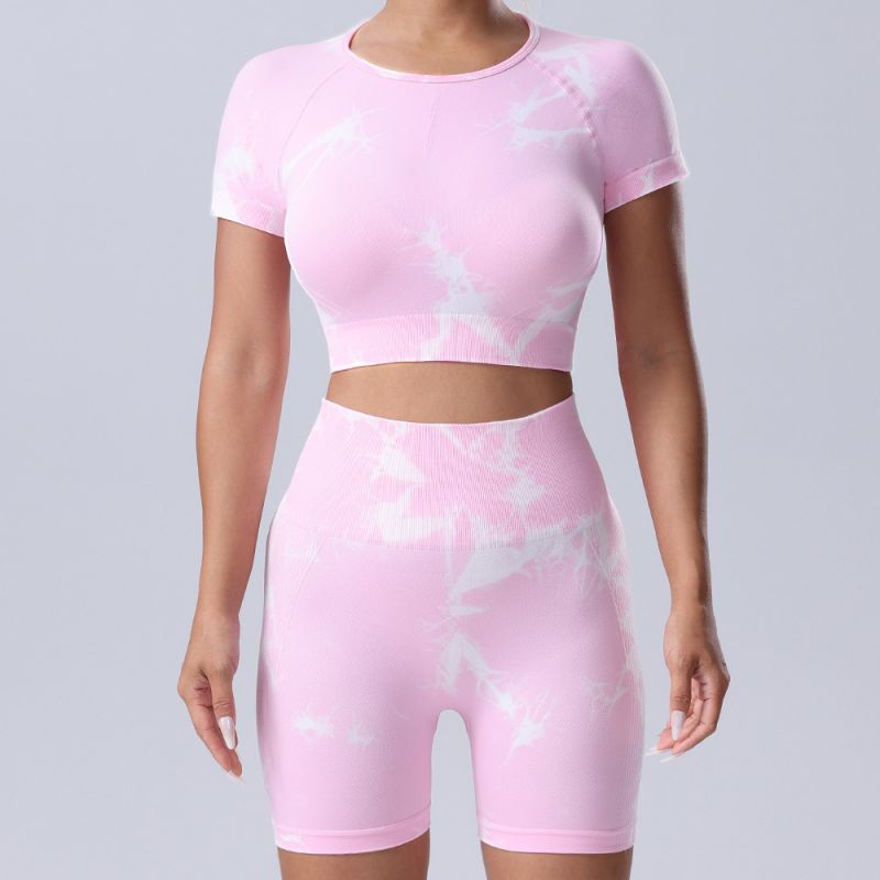 Conjunto De Yoga Con Pantalones Cortos De Manga Corta Sin Costuras Tie-dye