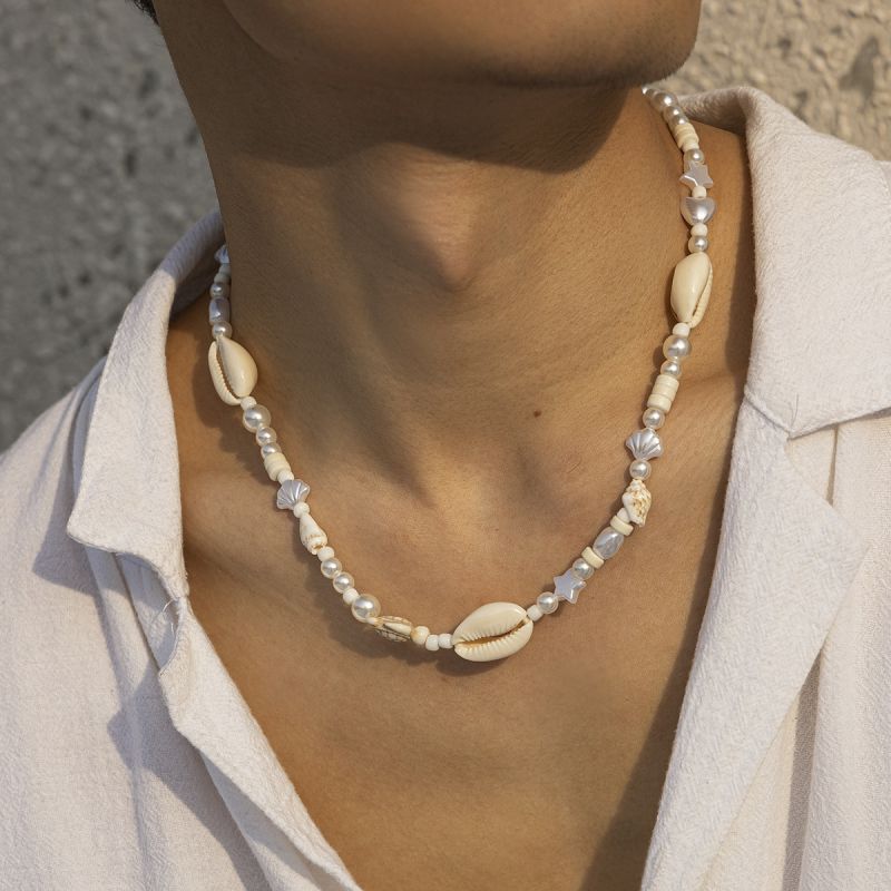 Fashion Silver Pearl Beaded Shell Necklace For Men
