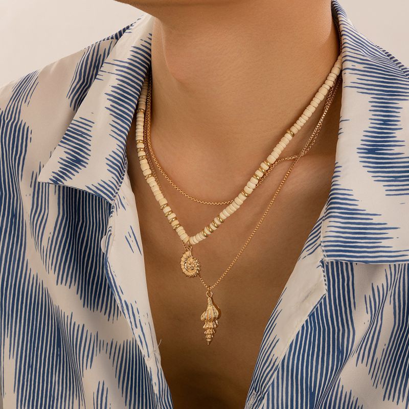 Fashion Gold Men's Coconut Shell Beaded Shell Multilayer Necklace