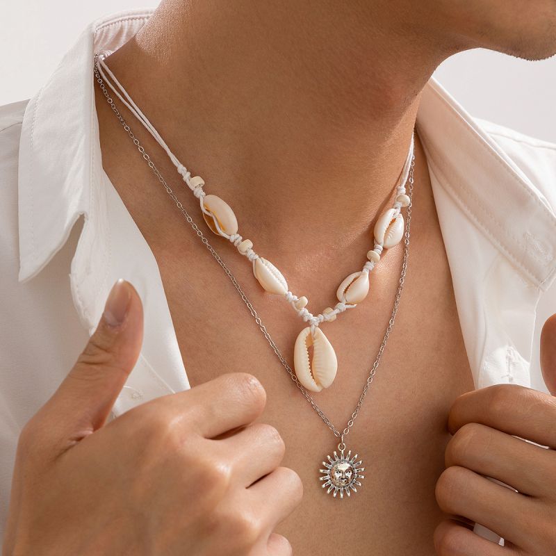 Fashion Silver Geometric Shell Sun Double Layer Men's Necklace