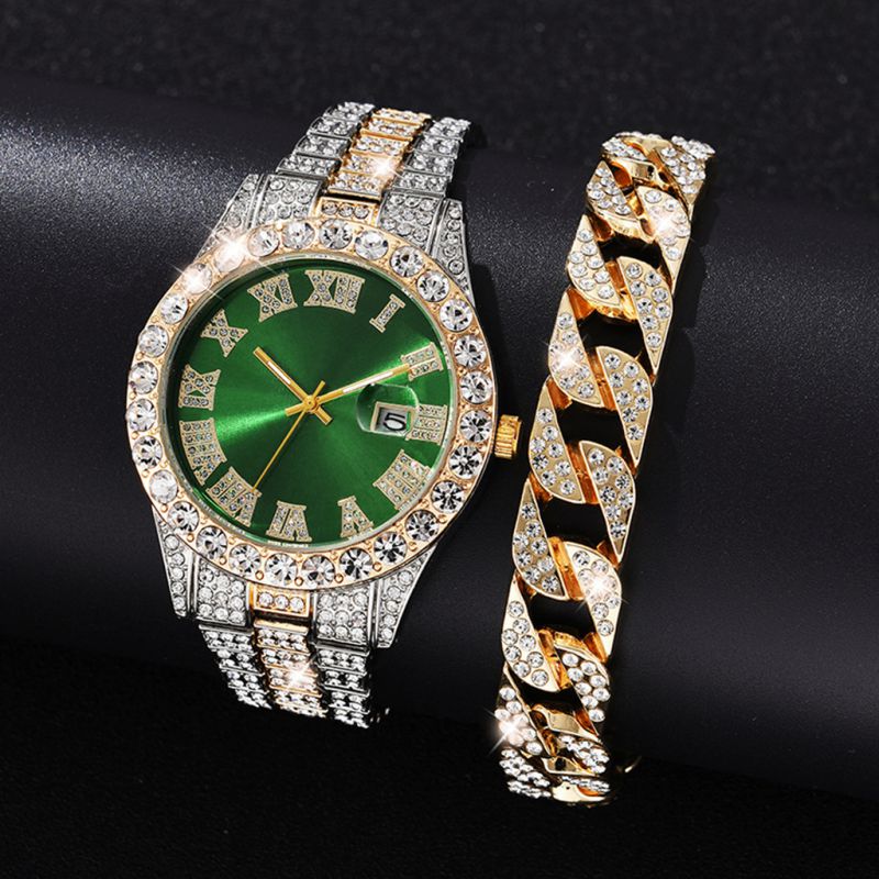 Fashion Silver Belt Red Face + Bracelet Round Diamond Dial Men's Watch + Bracelet