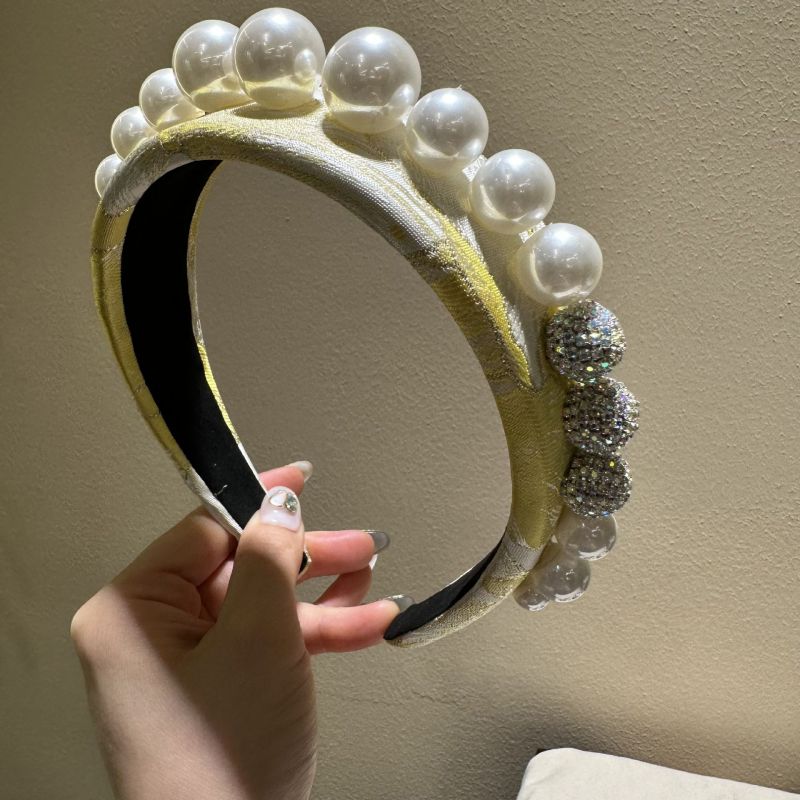Fashion Black 3d Pearl Diamond Ball Wide Brim Headband