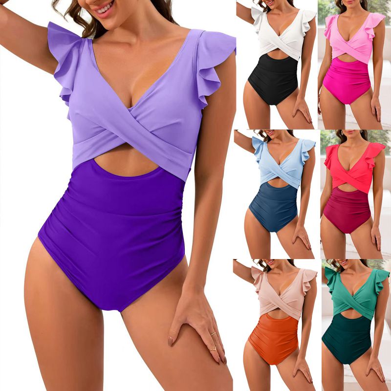 Fashion Peacock Blue Polyester Fly Cutout One-piece Swimsuit