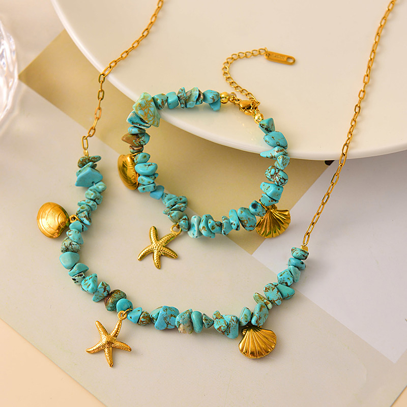 Collar De Cuentas De Piedra Natural Con Concha De Estrella De Mar De Acero Titanio (45 Cm)