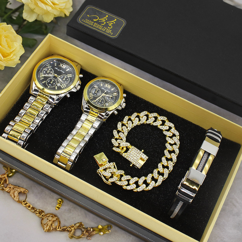 Conjunto De Reloj De Pareja Redondo Con Diamantes Y Pulsera De Acero Inoxidable.