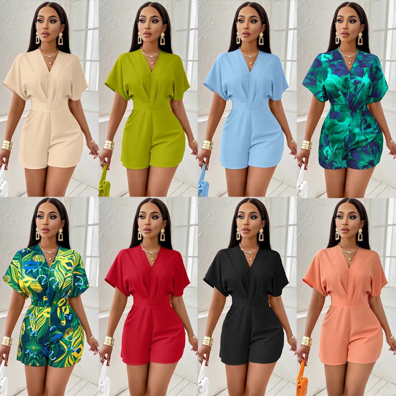 Fashion Yellow-green Printed V-neck Jumpsuit