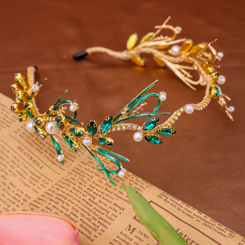 Diadema Con Borde Fino Y Hoja De Perlas De Diamantes De Imitación