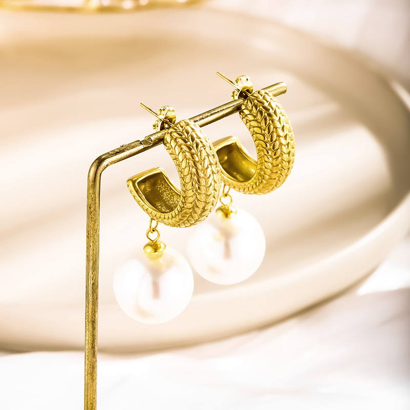 Fashion Gold Titanium Steel Pearl Hoop Earrings