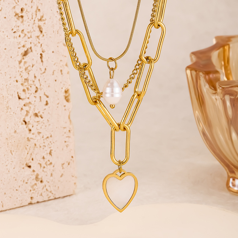 Fashion Gold Stainless Steel Heart Pearl Double Necklace