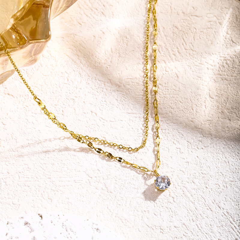 Fashion Gold Titanium Steel Diamond Round Double Necklace