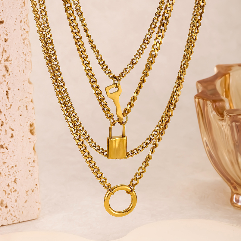 Fashion Gold Titanium Steel Ring Key Lock Multi-layer Necklace