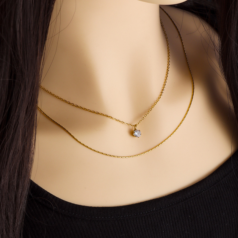 Fashion Gold Titanium Steel Double-layer Necklace With Diamonds