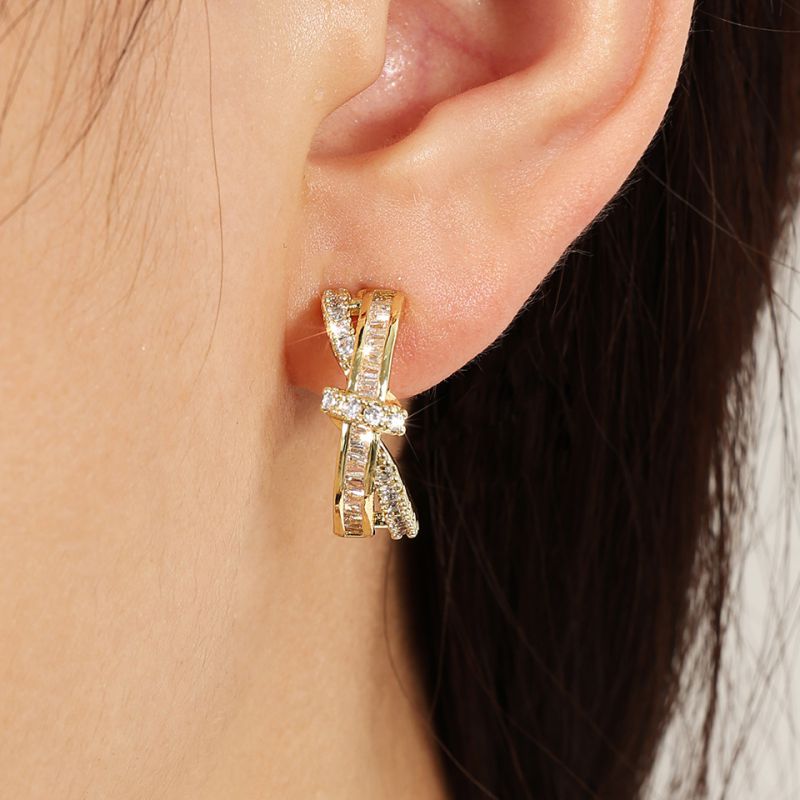 Fashion Gold Copper Diamond Cross Earrings