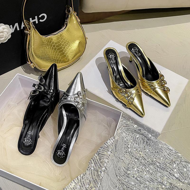Fashion Silver Pointed Cross Belt Buckle Closed Toe High Heels