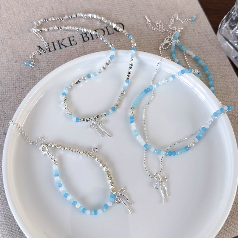 Fashion Silver Crystal Bracelet Aquamarine Silver Beaded Bow Bracelet