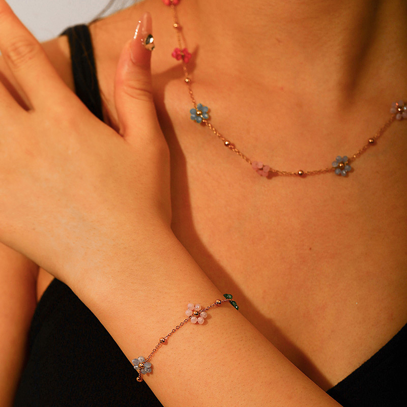 Fashion Color Rice Bead Flower Copper Round Bead Necklace Bracelet Set