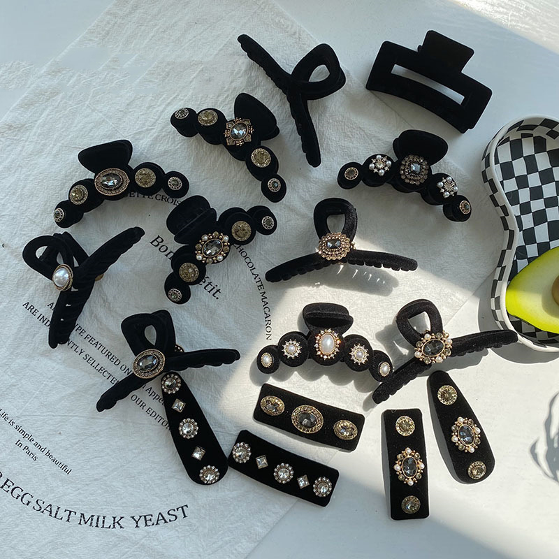 Fashion Cross Black Round Pearls Velvet Pearl Clip
