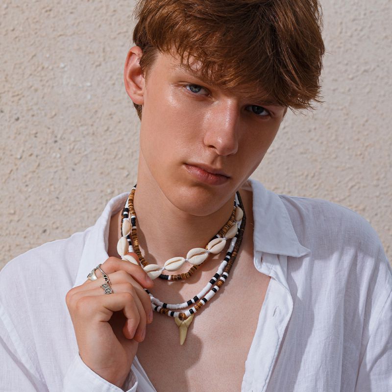 Fashion Silver Coconut Shell Geometric Polymer Clay Beaded Shell Multi-layer Men's Necklace