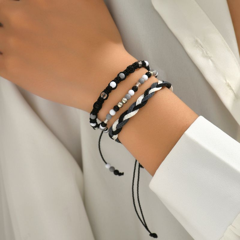 Fashion Black Geometric Beaded Braided Bracelet Set