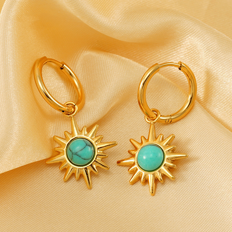 Fashion Gold Stainless Steel Blue Pine Eight-pointed Star Earrings