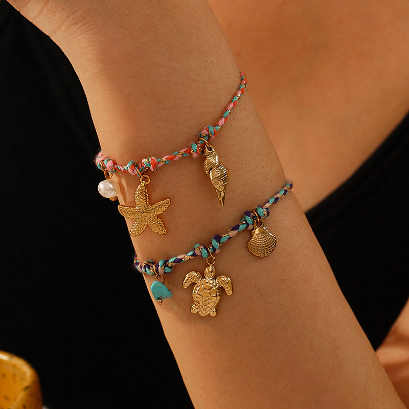 Pulsera Trenzada Con Colgante De Turquesa Y Concha De Tortuga De Cobre